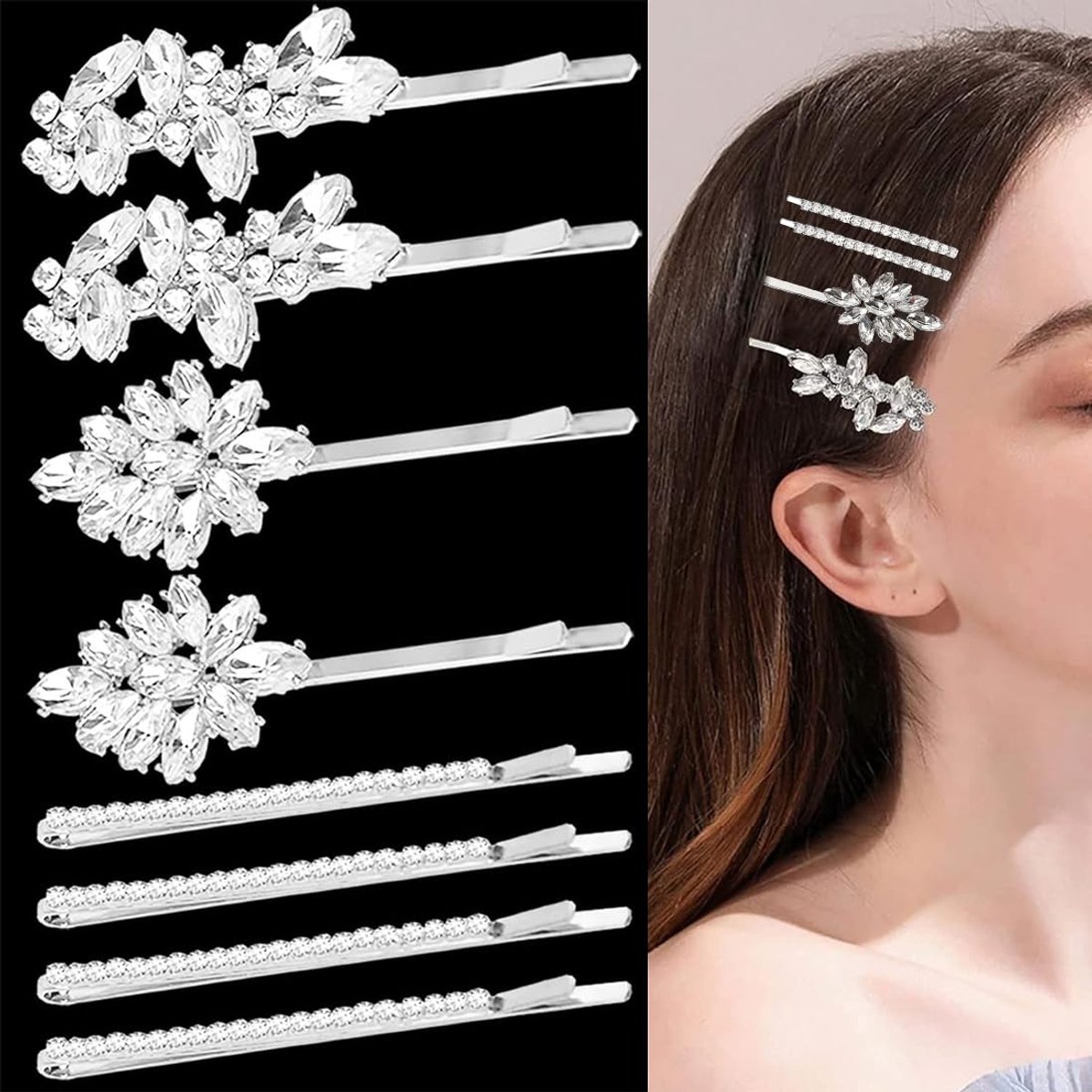 Set van 8 sprankelende strasssteentjes en kristallen - perfect voor bruid, bruiloft en speciale gelegenheden. Haarspelden met kristallen, passend bij elke outfit, voor feestjes en dagelijks gebruik.