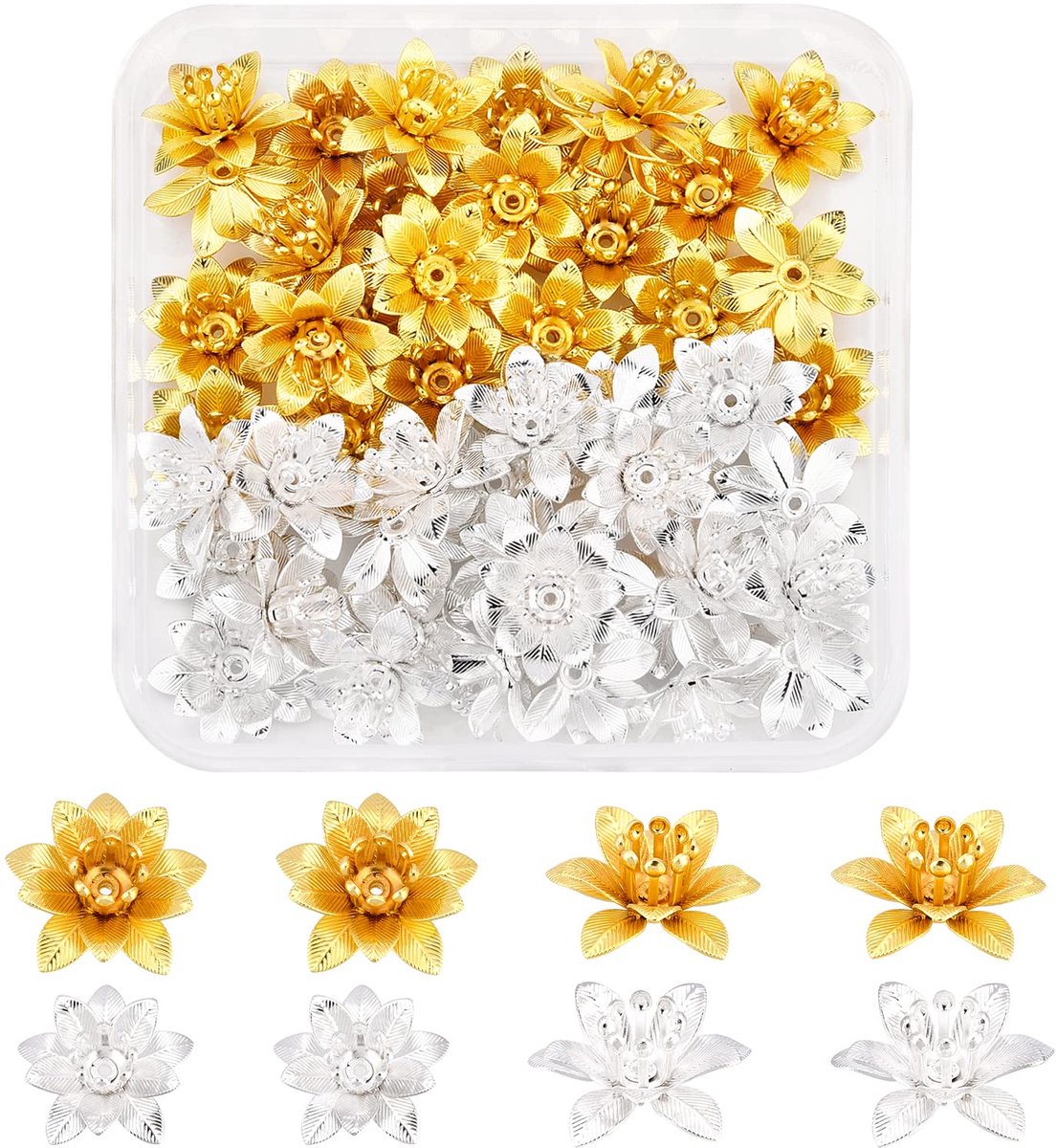 48 Stks 2 Kleuren Bloem Messing Kraal Caps 3D Messing Kraal Caps 16x6.5mm Multi-Petal Filigraan Spacer Kraal voor Armband Ketting Sieraden Maken