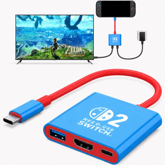 Adapter met rode kabel aangesloten op TV en Switch. Gameplay van Zelda op TV.