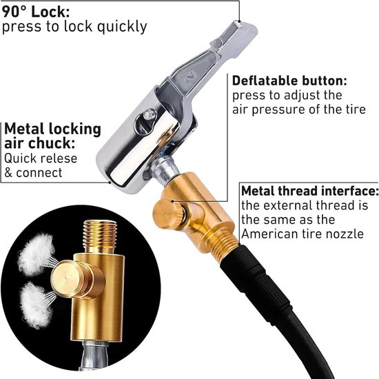 Luchtpomp Adapter - Ventiel Connector - Band Oppompen - 90 Graden Vergrendeling - Set van 2 - Zilver Goud — afbeelding 3