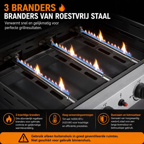 Seth Select Gasbarbecue 3 Branders - Draagbare Tafelgrill met Grill-, Bak- en Kookfunctie voor Camping, Picknick, Balkon, Tuin en BBQ — afbeelding 4
