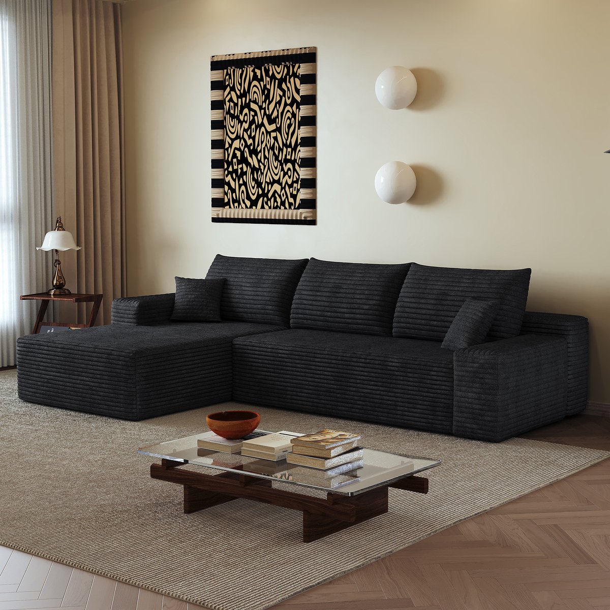 HAUSS SPOLE Hoekbank - Modulaire Zwarte Bank - L-Vormige Chaise Longue - Diepe Zit - Voor Woonkamer En Slaapkamer - Ribfluweel Zwart
