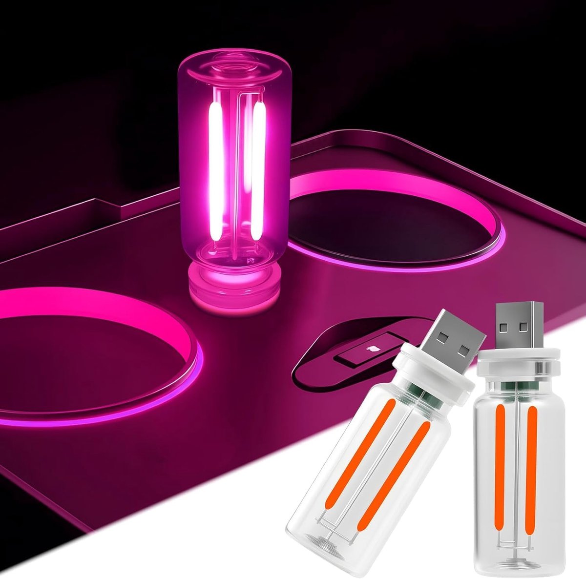 SnelShoppen - 2 Retro Autolampen Roze USB LED Verlichting met Traploze Dimming, Mini USB Licht voor Auto, Camping, Slaapkamer en Bureau