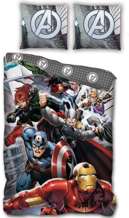 Dekbedovertrek met Avengers-personages Captain America, Iron Man, Thor, Black Widow, Hawkeye en Hulk. Met Avengers-logo op kussenslopen.