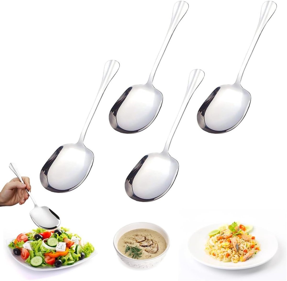 Set van 4 Grote Roestvrijstalen Opscheplepels van 21 cm - Ideaal voor Salades, Stoomgerechten en Buffetten