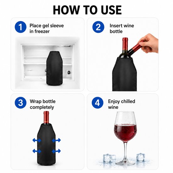 Stappenplan: 1. Gel sleeve in vriezer. 2. Wijnfles erin. 3. Fles bedekken. 4. Geniet van gekoelde wijn.