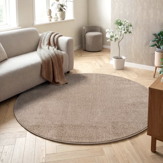 Rond beige vloerkleed in een woonkamer met een bank, plaid en planten.