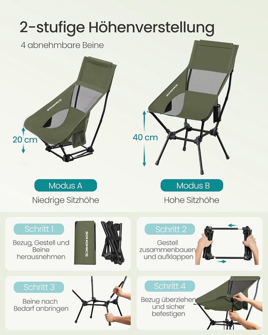 Campingstoel, strandstoel, hoge rugleuning, tuinstoel inklapbaar, in hoogte verstelbaar, stalen frame, tot 150 kg belastbaar, 2 zijzakken, hoofdsteun, reizen, groen — afbeelding 3