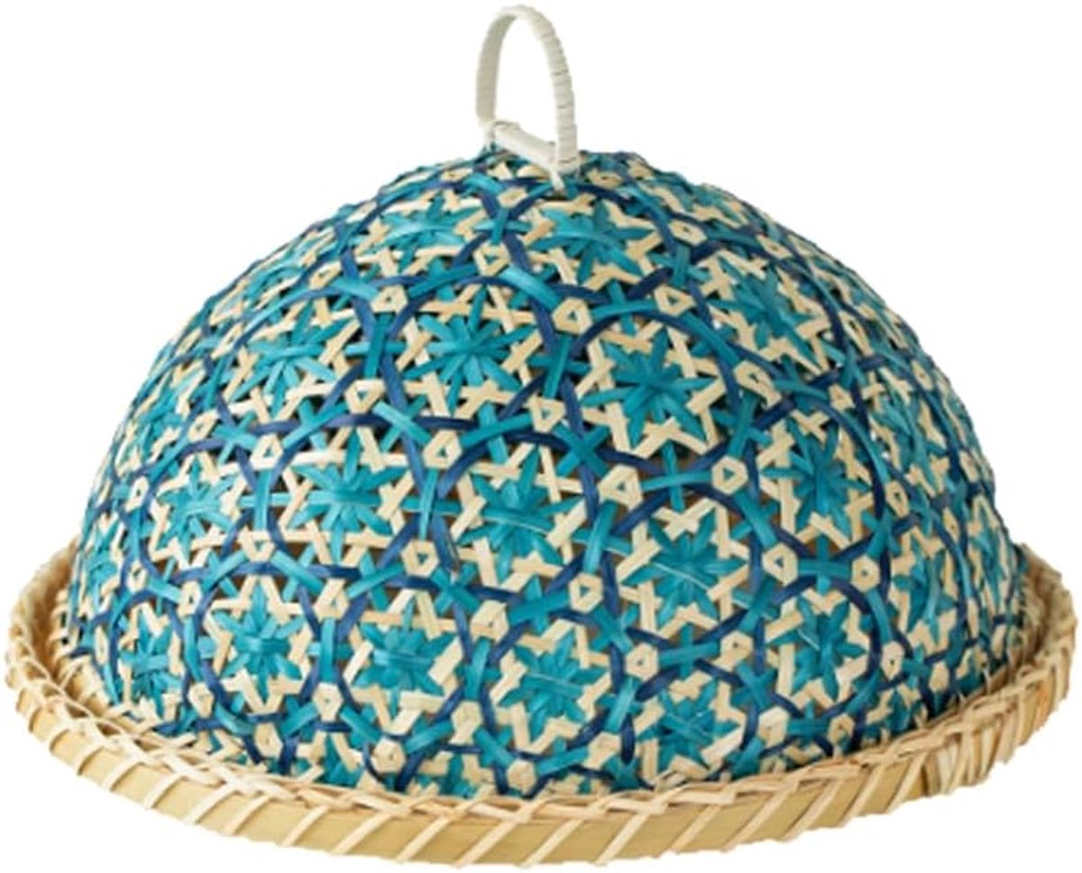 KZQ Handgeweven Rieten Voedingsscherm Met Dienblad, Anti-Vlieg Beschermhoes Voor Buiten, Picknick En Feest (Blauw)