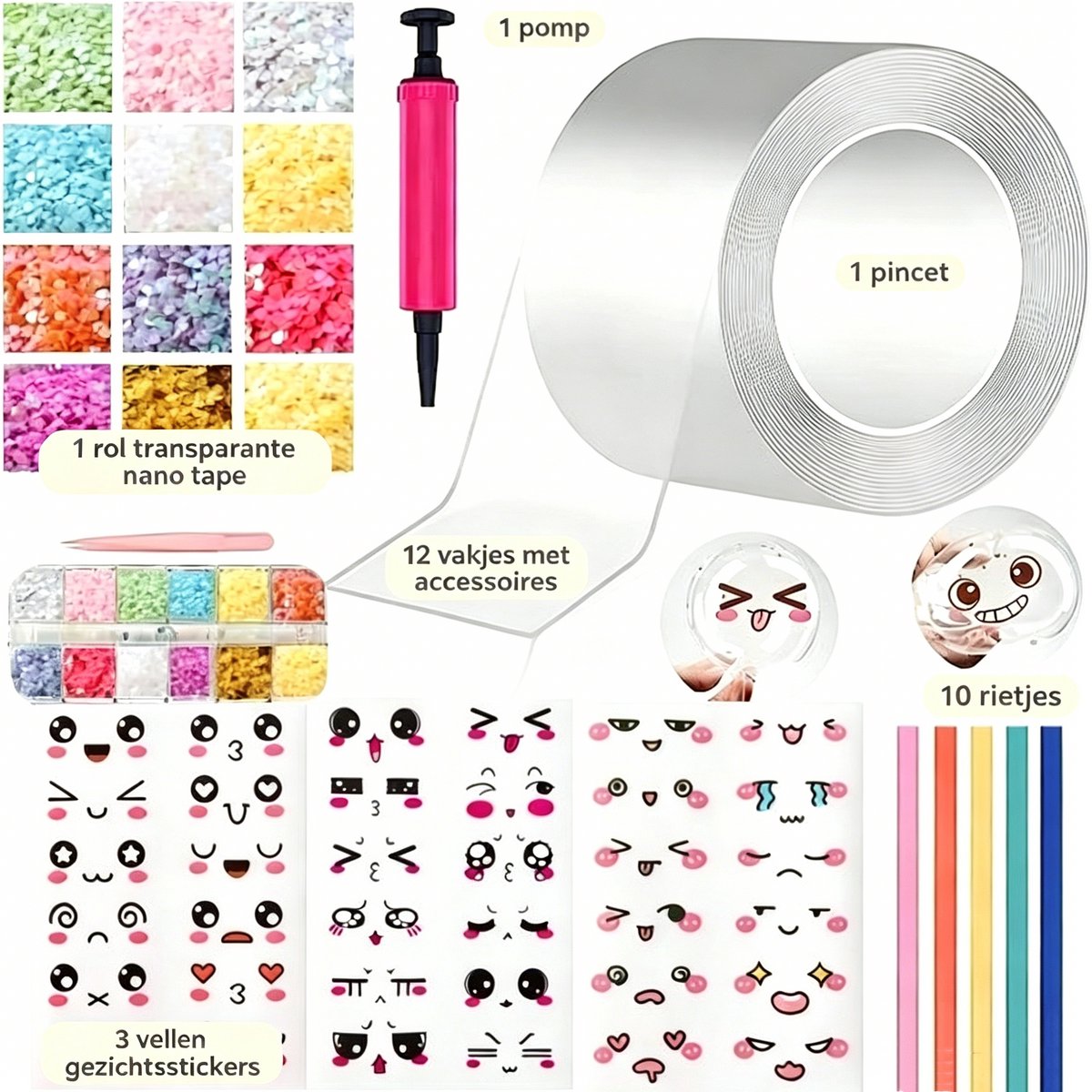 Plakband - Plakhandjes - Plakband breed - Glitter Nano Dubbele Zijkleefband Set - Bubble Tape Kit - Met Glitters, Rietjes, Klemmen en Stickers - wit - 1mmx5cmx3m