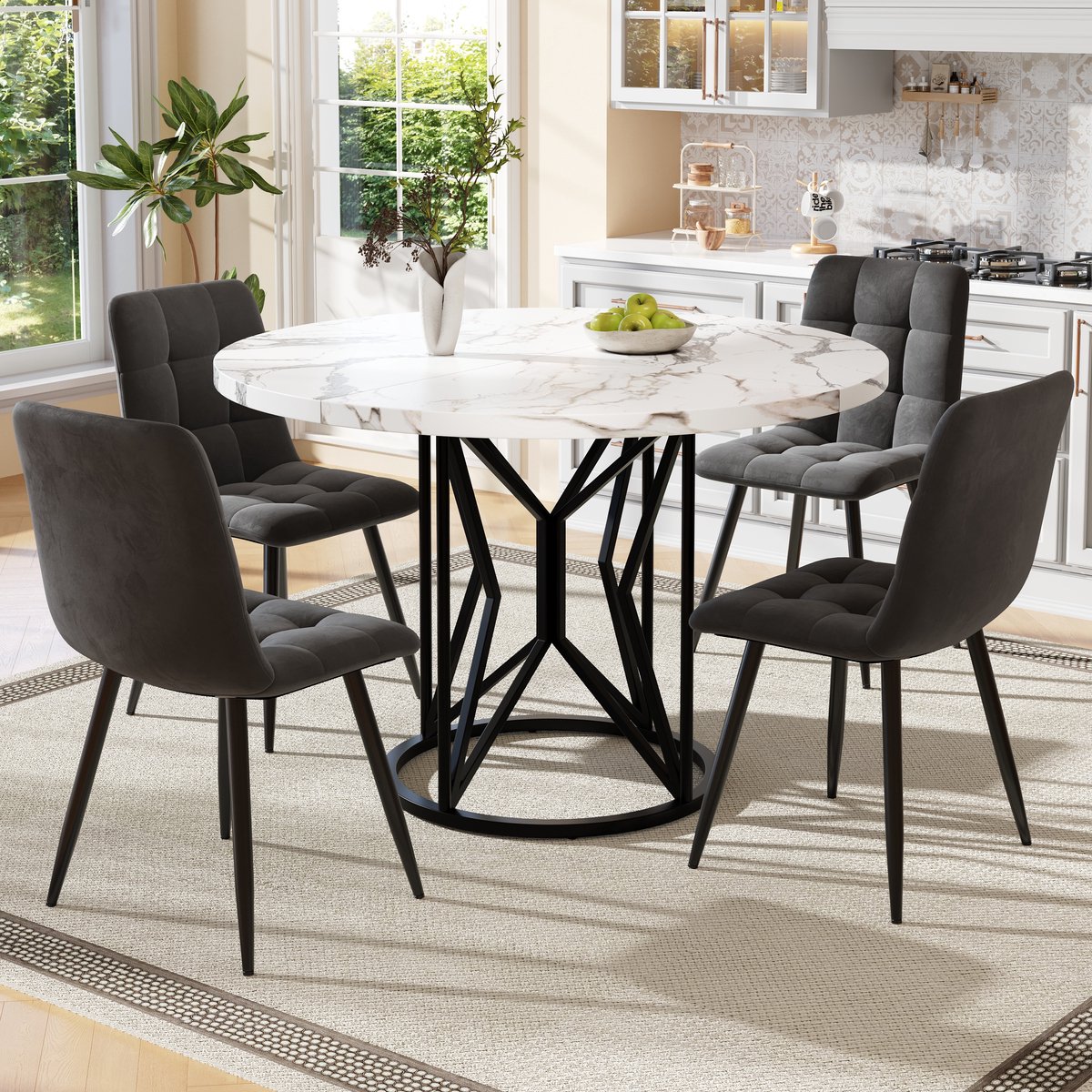 Eettafelset 5-Delig - Ronde Tafel 100cm Met 4 Stoelen - Zwart Fluweel - MDF Tafelblad - Modern Design