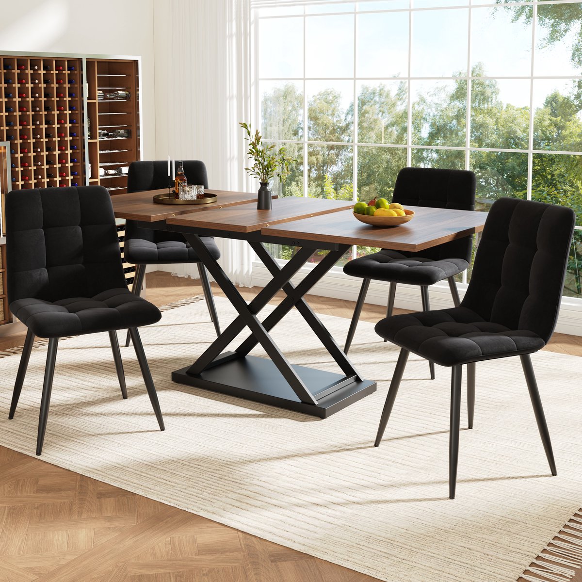 Moderne Eetkamerset 5 Delig - Uitschuifbare Eettafel Met 4 Luxe Zwarte Velvet Eetkamerstoelen