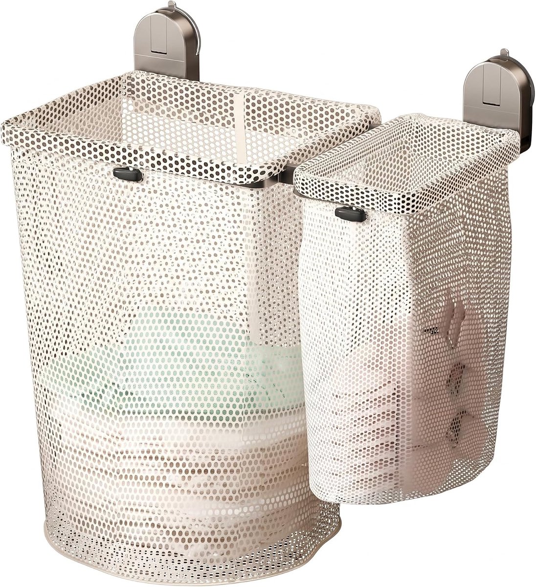 Ulisem - Zuignap wasmand - 2026 nieuw grijs set groot + klein - Wandmontage zonder boren - Sterke zuignap voor glas en tegels - Afneembare mesh zak voor wasgoed - Ademend gaas voorkomt geurtjes - Voor student, slaapkamer en badkamer - Grijs