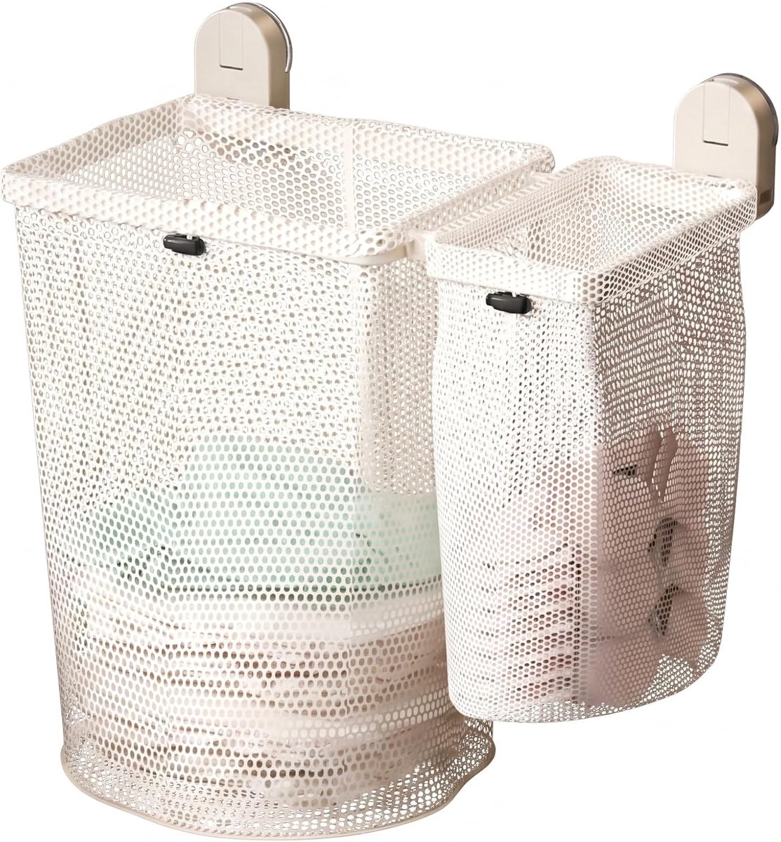 Ulisem - Zuignap wasmand - 2026 nieuw wit set groot + klein - Wandmontage zonder boren - Sterke zuignap voor glas en tegels - Afneembare mesh zak voor wasgoed - Ademend gaas voorkomt geurtjes - Voor student, slaapkamer en badkamer - Wit