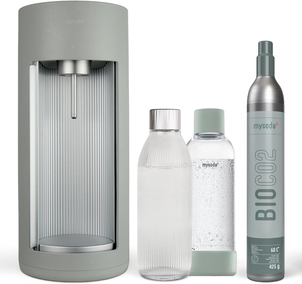 SnelShoppen - Houten Composiet Glazen Sprankelend Watermaker met 1 Liter Glazen Fles en CO2 Cilinder - Sage Groen, Duurzaam, Scandinavisch Design, Voo