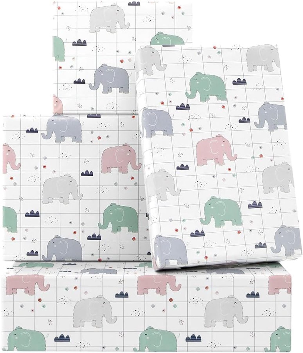 SnelShoppen - Schattig Olifanten Cadeaupapier - 50x70cm - 4 Vellen - Roze Groen Grijs Blauw - Perfect voor Verjaardagen, Babyshowers en Valentijnsdag