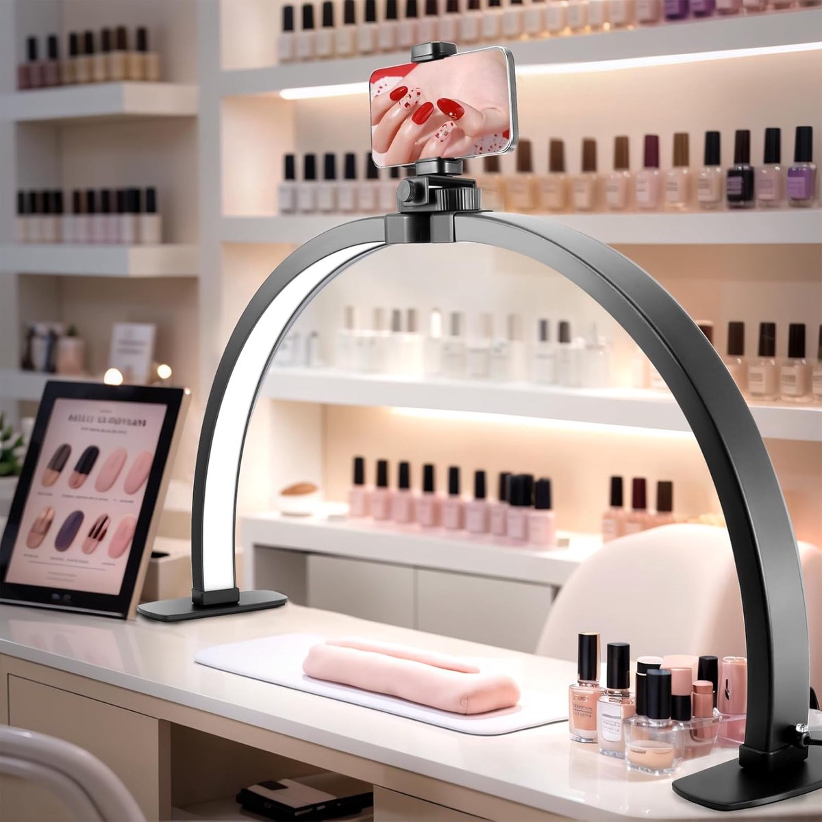 SnelShoppen - Halve Maan Lamp voor Nagelbureau, Opvouwbare LED Nageltafellamp met Mobiele Telefoonhouder, Zwart, Ideaal voor Schoonheid, Wimpers en Co