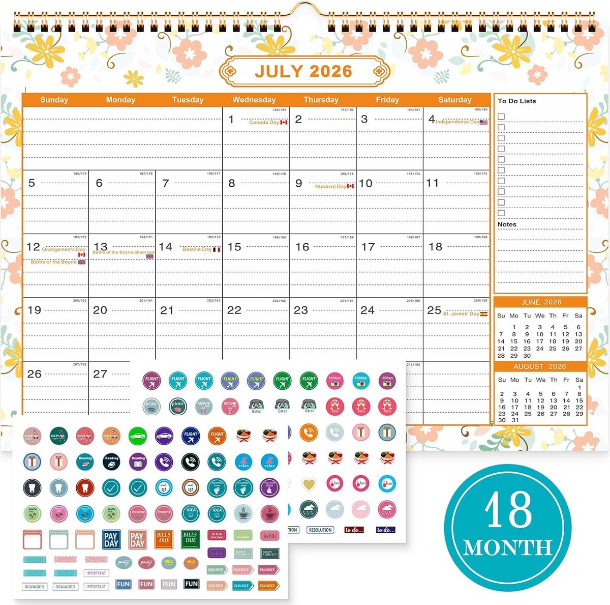 SnelShoppen - Grote Muurkalender voor 18 Maanden, Tafelkalender Juli 2026 - December 2027, 38 x 30 cm, Maandplanner voor Kinderen, Wandkalender met Bl