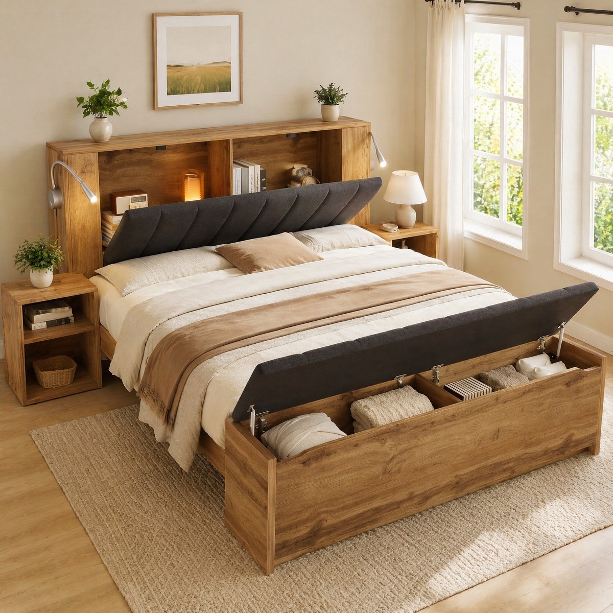 COVREO Tweepersoons bed 160x200 cm - met nachtkastjes, bedbank, leeslampen met USB, eikenk