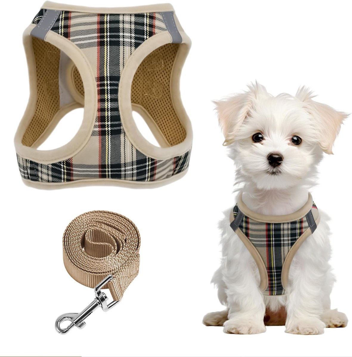 Verstelbare Hondenharnas met Gevoerde Leash, Ademend Mesh, Reflecterend Patroon voor Puppies en Katten, Beige, XXXS, Comfortabel en Veilig