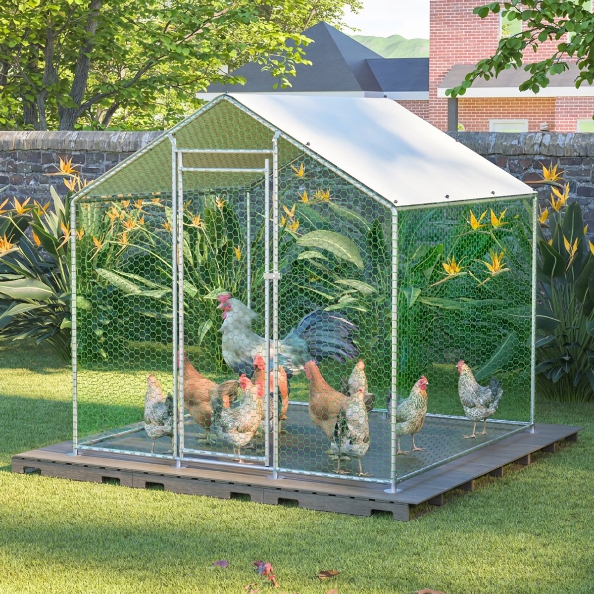 Kippenren - 2x2x2m - Kippenhok - Buitenren - Metalen Ren - Verzinkt Staal - Waterdicht Dak - Veiligheidsslot - Roestvrij - Buiten - Pluimveeren - Zilver