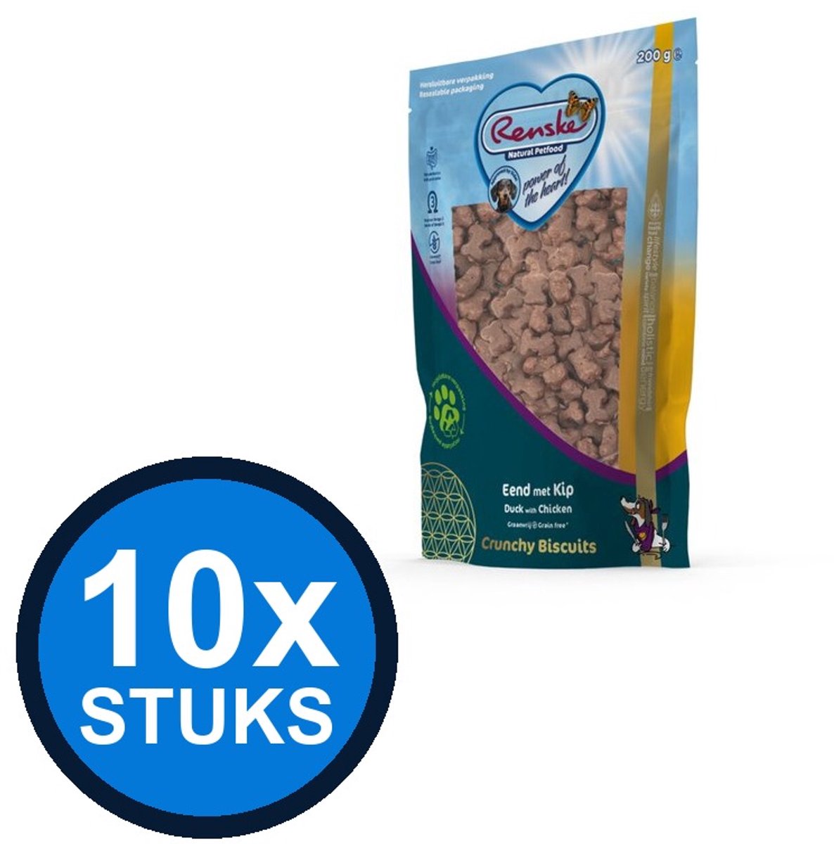 10x Renske - Gezonde beloning hond crunchy eend&kip 200gr - Hondenvoer Snacks - 200 g