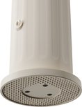 Detail van de onderkant van een beige diffuser, met een geribbeld oppervlak en drie schroeven op de basis.