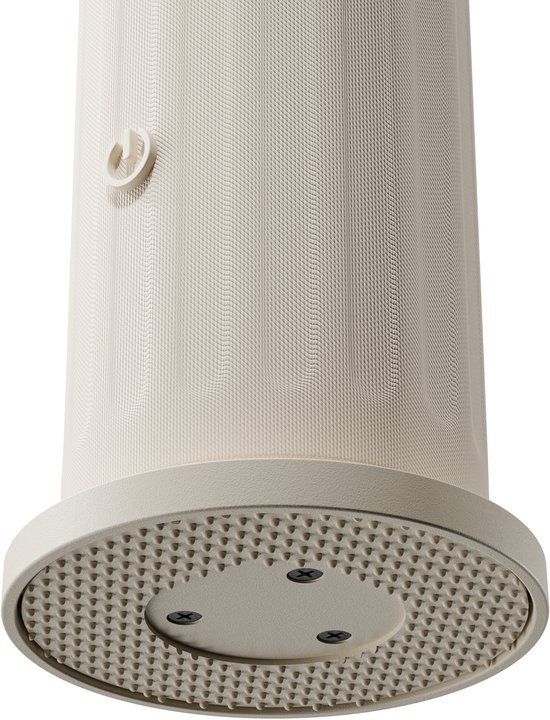Detail van de onderkant van een beige diffuser, met een geribbeld oppervlak en drie schroeven op de basis.
