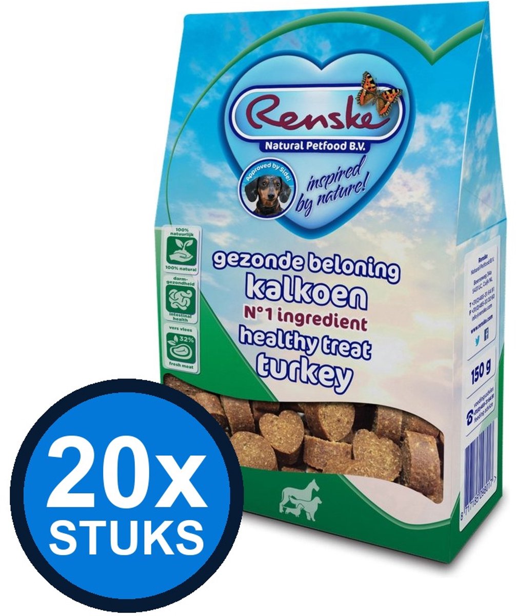 20x Renske - Gezonde beloning hartjes hond kalkoen 150gr - Hondenvoer Snacks - 150 g