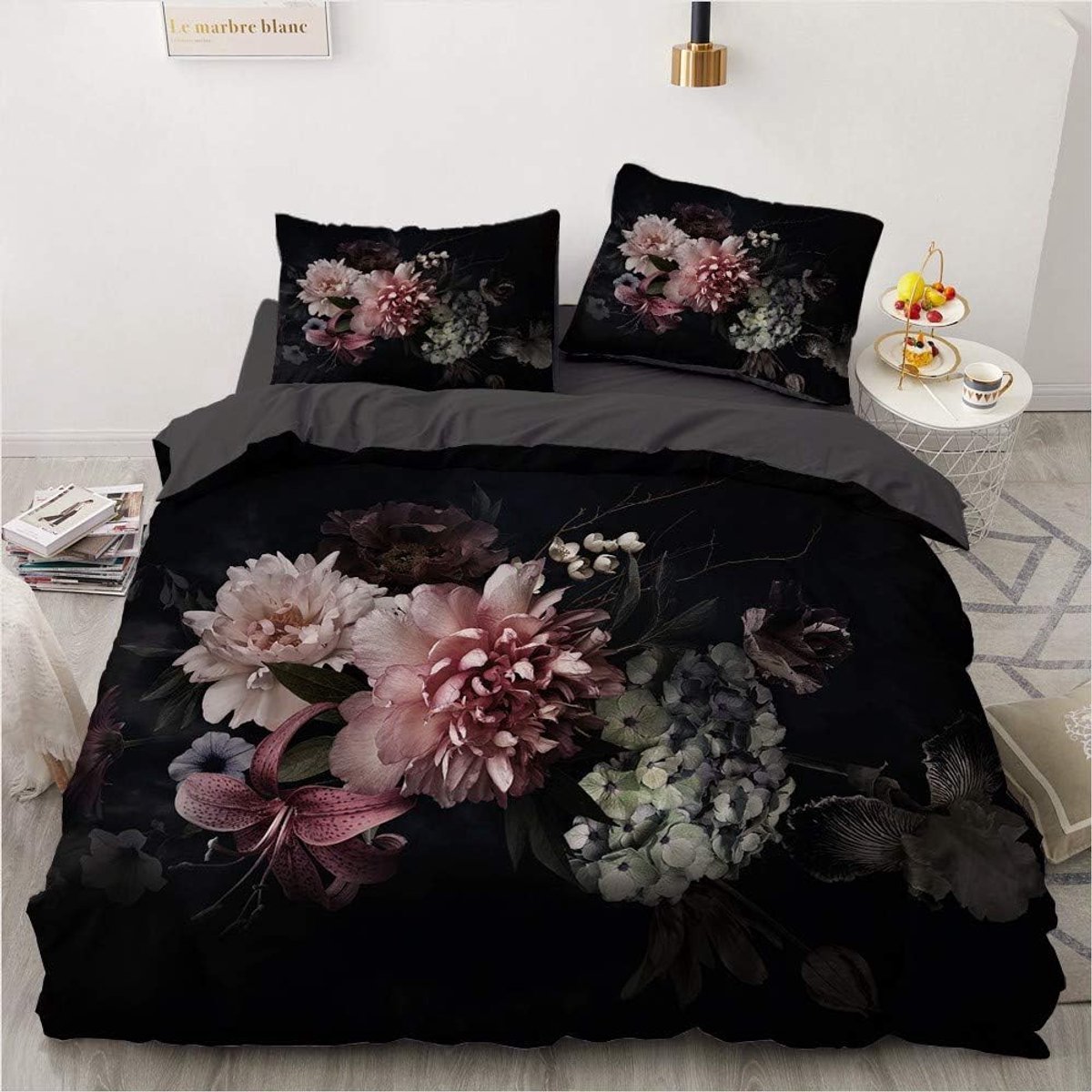 SnelShoppen - Luxe Dekbedovertrek Set met Bloemen 200x200 cm, Zwart Vintage Bloemenpatroon, Zachte Microfiber Dekbedovertrek en 2 Kussenslopen 80 x 80