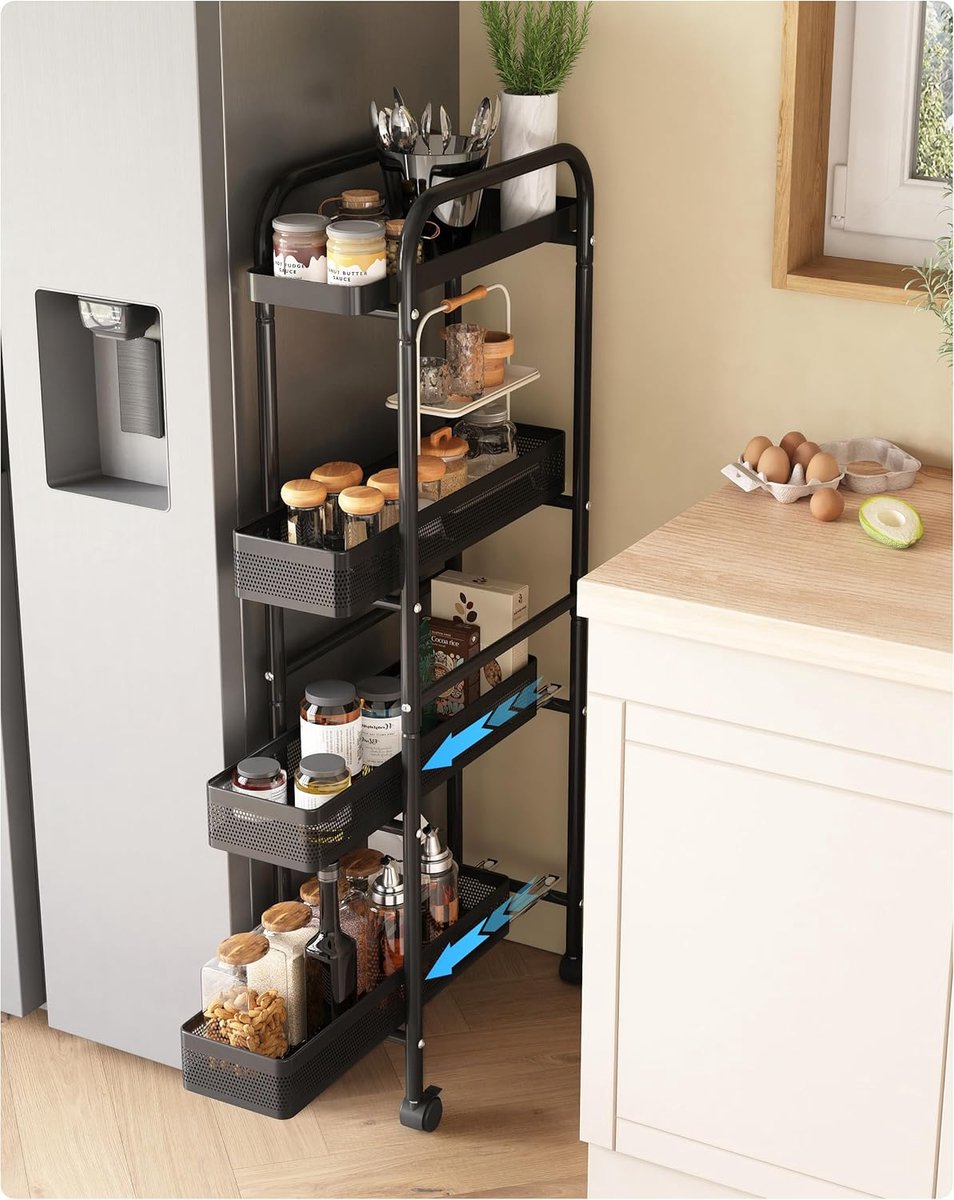 SnelShoppen - Niche Trolley, Keukenwagen, Badkamer Plank met 4 Mesh Baskets, Ruimtebesparend, Eenvoudig te Monteren, Zwart, Ideaal voor Smalle Ruimtes