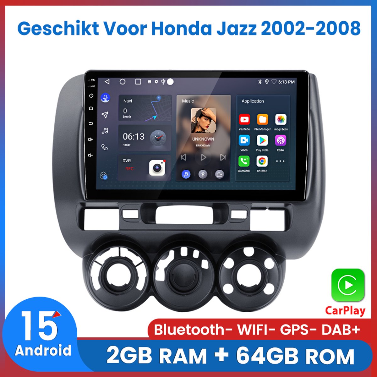 Awesafe Autoradio - Geschikt Voor Honda Jazz 2002 t/m 2008 - RAM 2GB+ROM 64GB - Android 15 - Draadloos Apple Carplay & Android Auto - Bluetooth & Wifi GPS Navigatie - 2002 2003 2004 2005 2006 2007