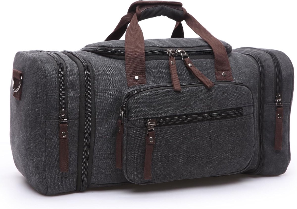 SnelShoppen - Grote Vintage Duffel Bag voor Mannen, Uitbreidbare Sporttas voor 15.6 Inch Laptop, Schouderband, Weekendtas voor Gym, Camping, Vakantie,