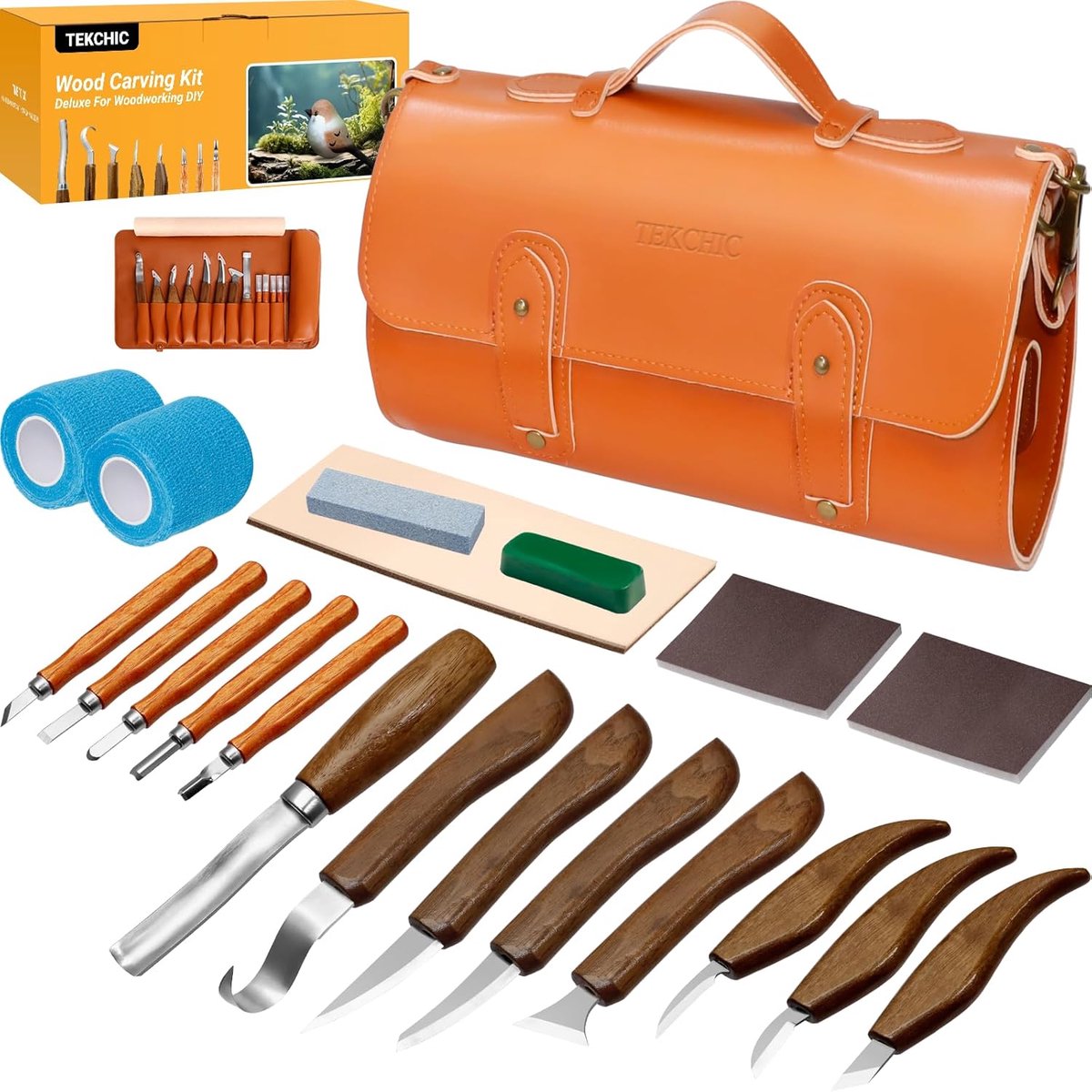 SnelShoppen - Deluxe Houtbewerkingsset 22-delige Snijset voor Beginners met Houten Handgrepen, Snij- en Detailsnijmessen, Slijpsteen en Leren Etui