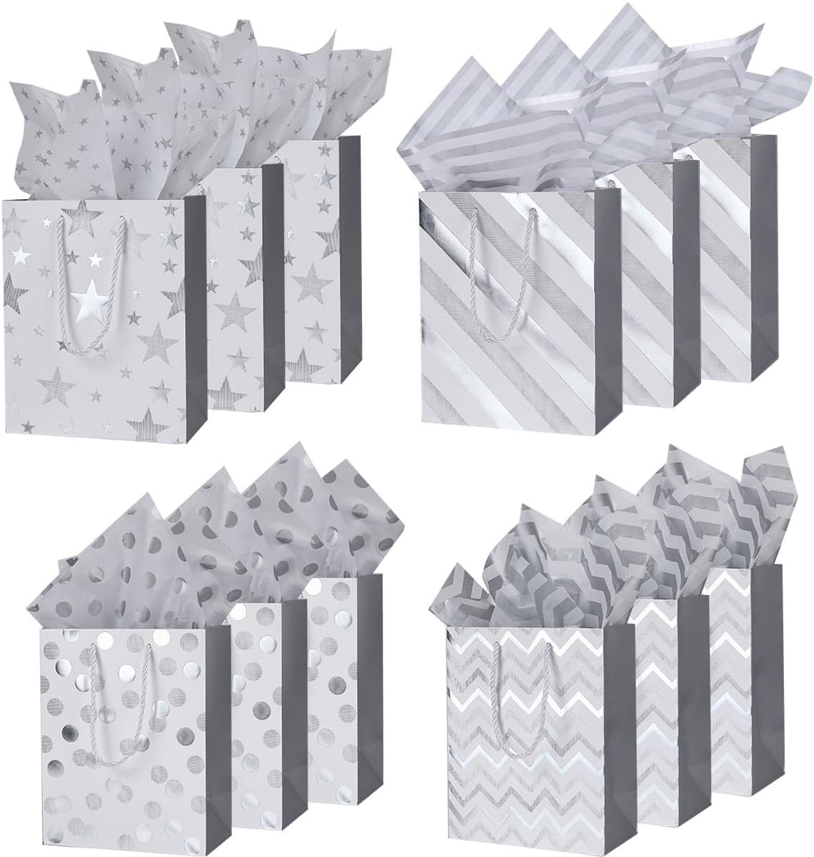 SnelShoppen - 12 Stuks Kerst Cadeautassen in Zilver met Labels en Inpakpapier - 23x18x10.2 cm - Perfect voor Feestdagen, Verjaardagen, Bruiloften en V