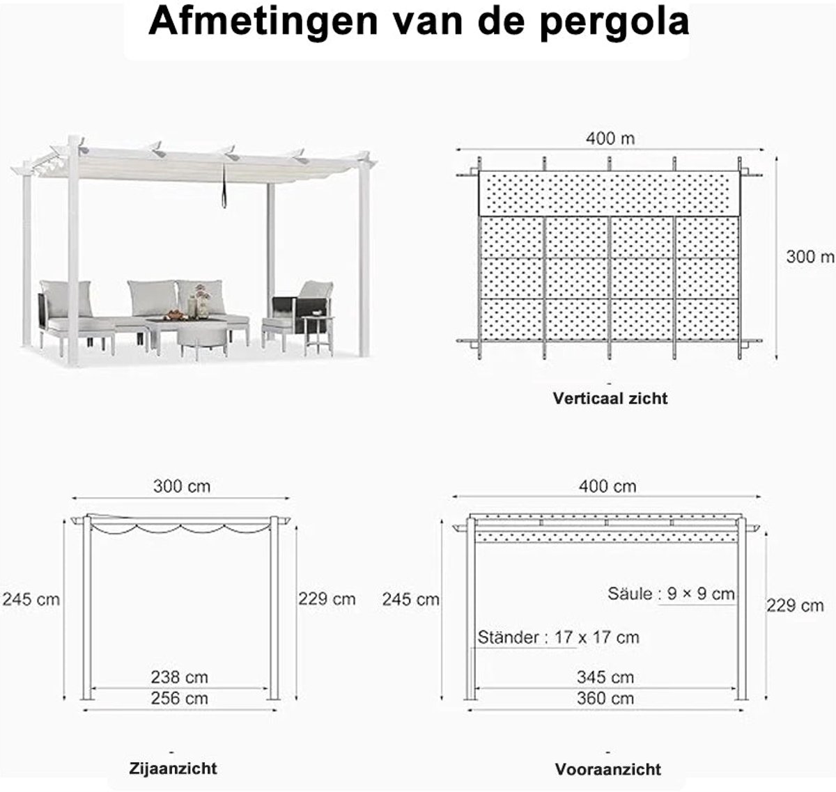 Purple Leaf Pergola avec toit de protection 4 x 3 m - structure blanche, toile grise