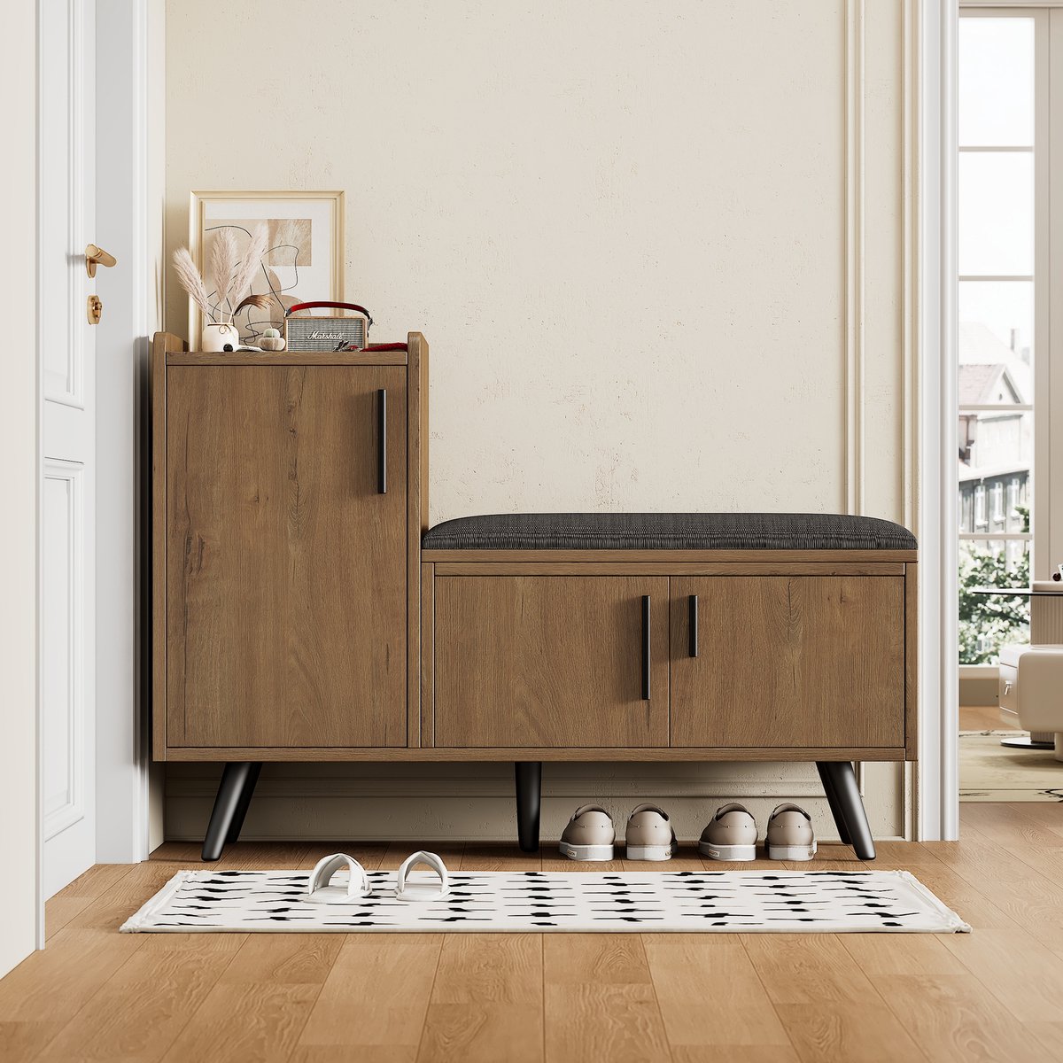 Schoenenkast - Sitzbank met 3 opbergdeuren, asymmetrische metalen handgrepen & verstelbare planken - 100x34x69 cm - Naturel