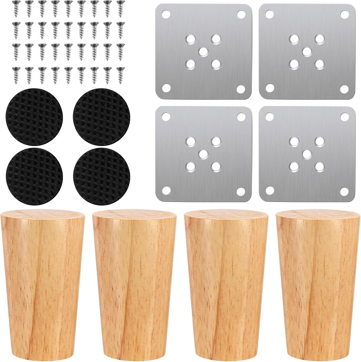 SnelShoppen - 4 Stuks Houten Meubelpoten 8/3cm - Massief Rubberhout Vervangingspoten voor Stoelen, Tafels, Kasten en Sofas met Antislip Pads en Schroe