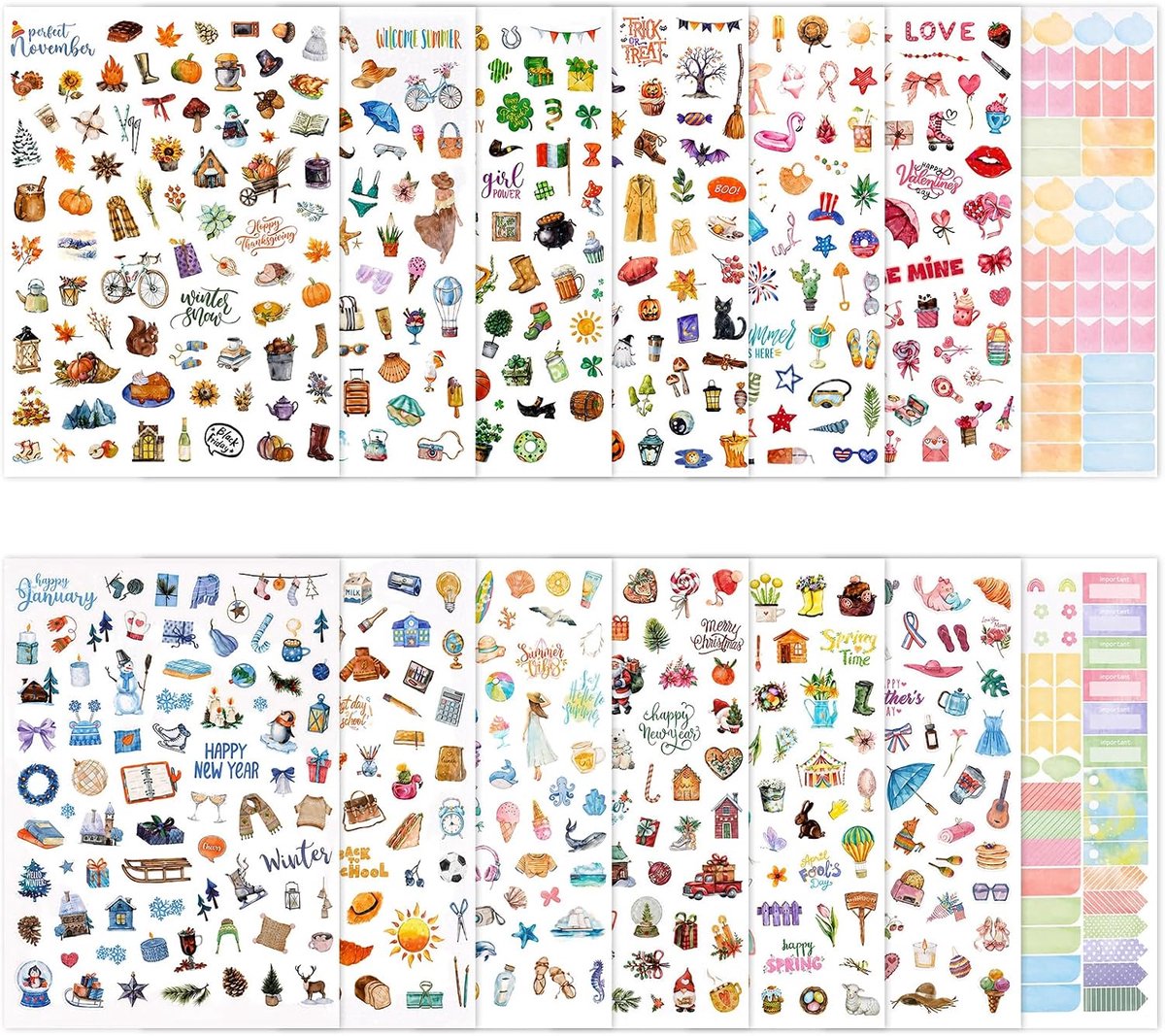 SnelShoppen - 14 Stuks Seizoenen Stickerset | Scrapbook-Stickers met Meer dan 1050 Motieven | Hoogwaardig Zelfklevend Vinyl | Lente, Zomer, Herfst, Wi