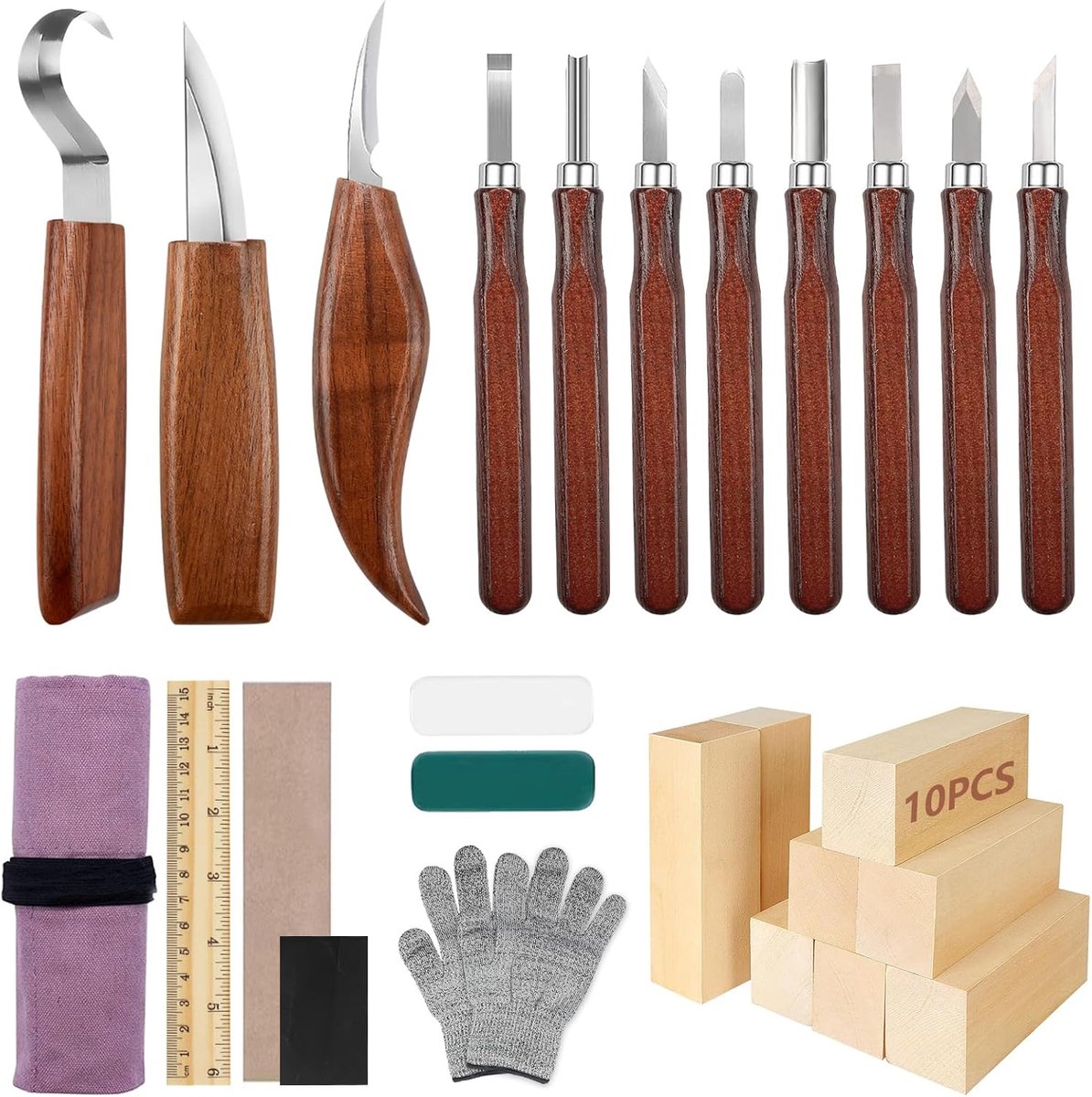 SnelShoppen - 29-delige Houtsnijd Gereedschapset - Compleet Houtbewerkingsset met 11 Snijmessen, 10 Houten Blokken, Snijbestendige Handschoenen - Voor