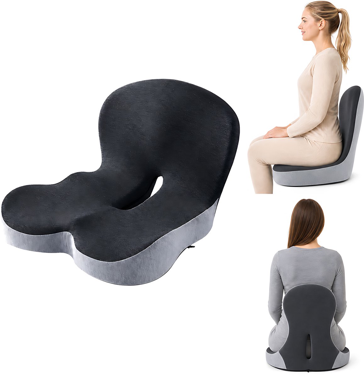 Traagschuim Zitkussen met Rugleuning - Ergonomisch Stoelkussen - Antislip Zit- en Rugkussen voor Bureaustoel Eetkamerstoel Thuiswerk & Woonkamer - Tegen Rugpijn en Stuitpijn-Donkergrijs en Lichtgrijs