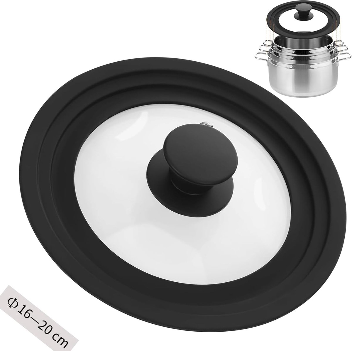 SnelShoppen - Universele deksel voor pannen, siliconen deksel voor kookpannen, hittebestendig tempered glas, geschikt voor 16/18/20 cm pannen, keukena