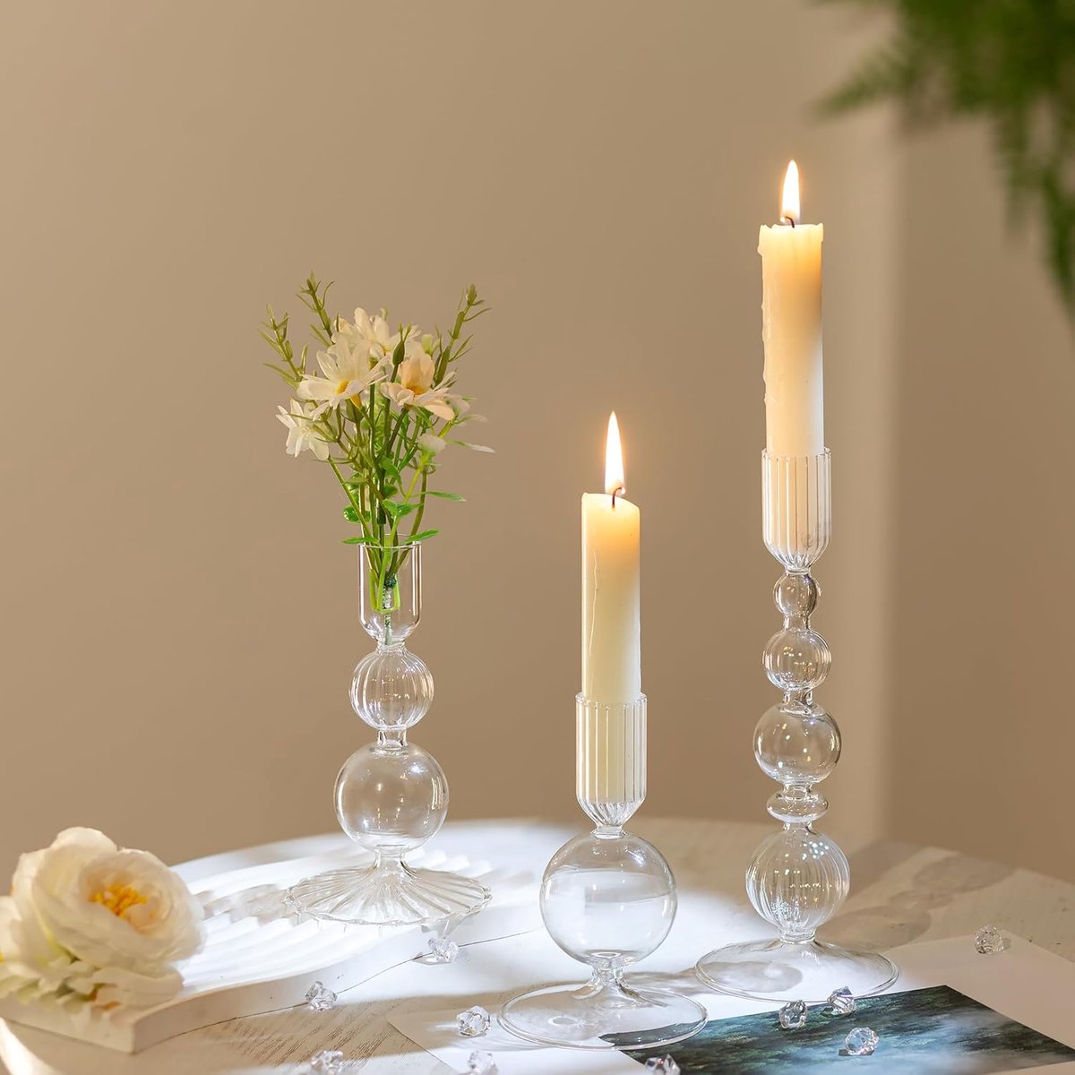 SnelShoppen - Set van 3 Hewory Glas Kaarsenhouders - Elegante Candlestick Kaarsenstandaard voor Tafeldecoratie, Bruiloft, Feest, Woonkamer - Multikleu