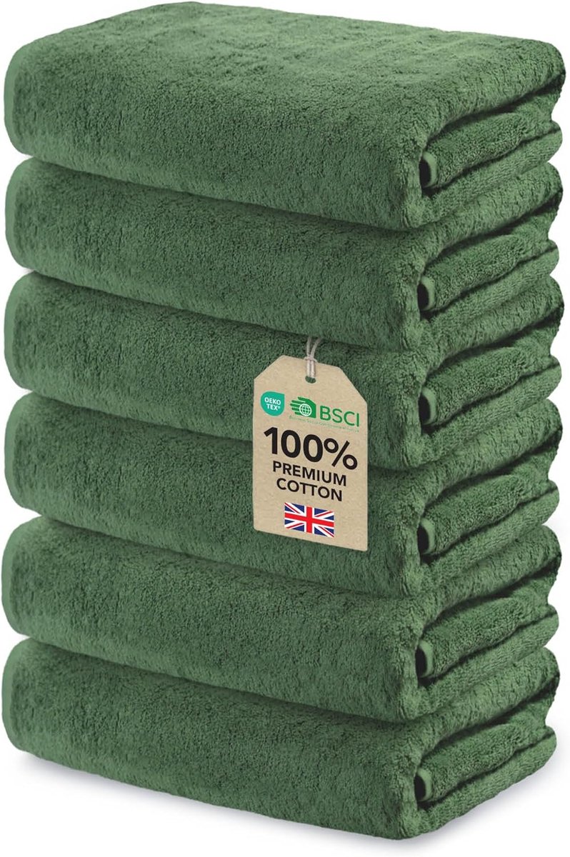 SnelShoppen - Set van 6 Badhanddoeken 50x100 cm Dennengroen 100% Katoen, Absorberend, Zacht, Duurzaam, OEKO-TEX Gecertificeerd, Voor Douche, Sport en