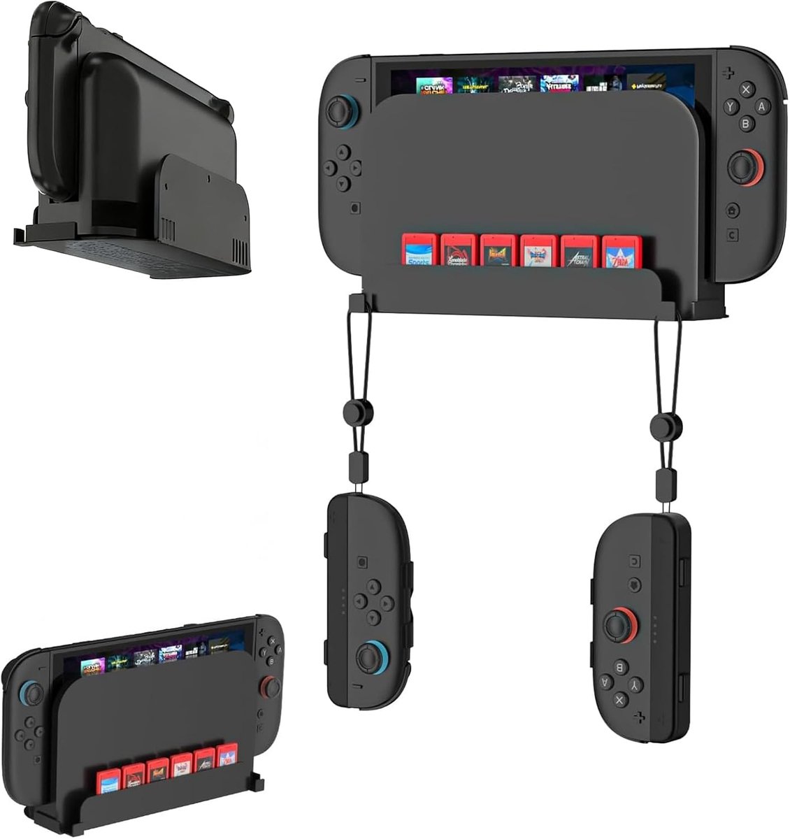 SnelShoppen - Wandmontage voor Nintendo Switch 2/OLED Console, Metalen Gaming Rack, Muuraccessoires met 2 Joy-Con Haken en Houder voor 6 Spellen, Ruim