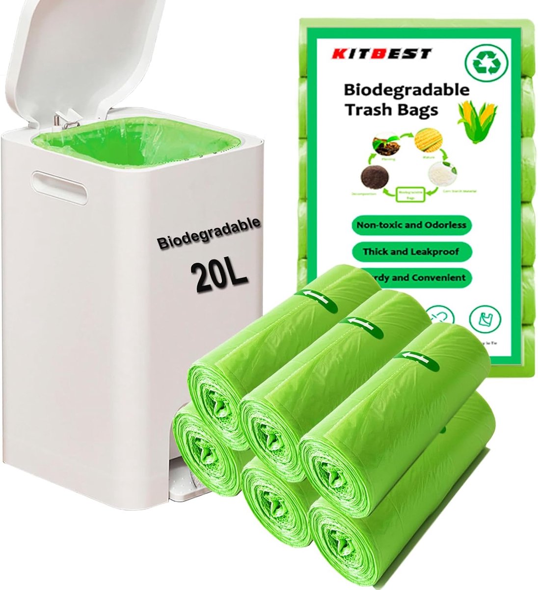 SnelShoppen - Biologisch Afbreekbare Vuilniszakken 20L - 120 Stuks Composteerbare Keukenafvalzakken - Milieuvriendelijke Corn Starch Plastic Vuilnis L