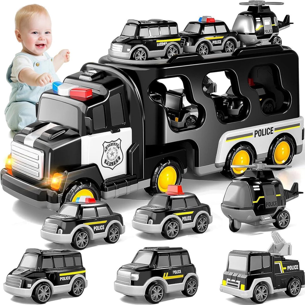 Politiewagen Speelgoed - Speelgoedset Met Transportvoertuig - Auto Voor Kinderen Met Wrijvingsaandrijving - 5 Kleine Auto's En 1 Helikopter