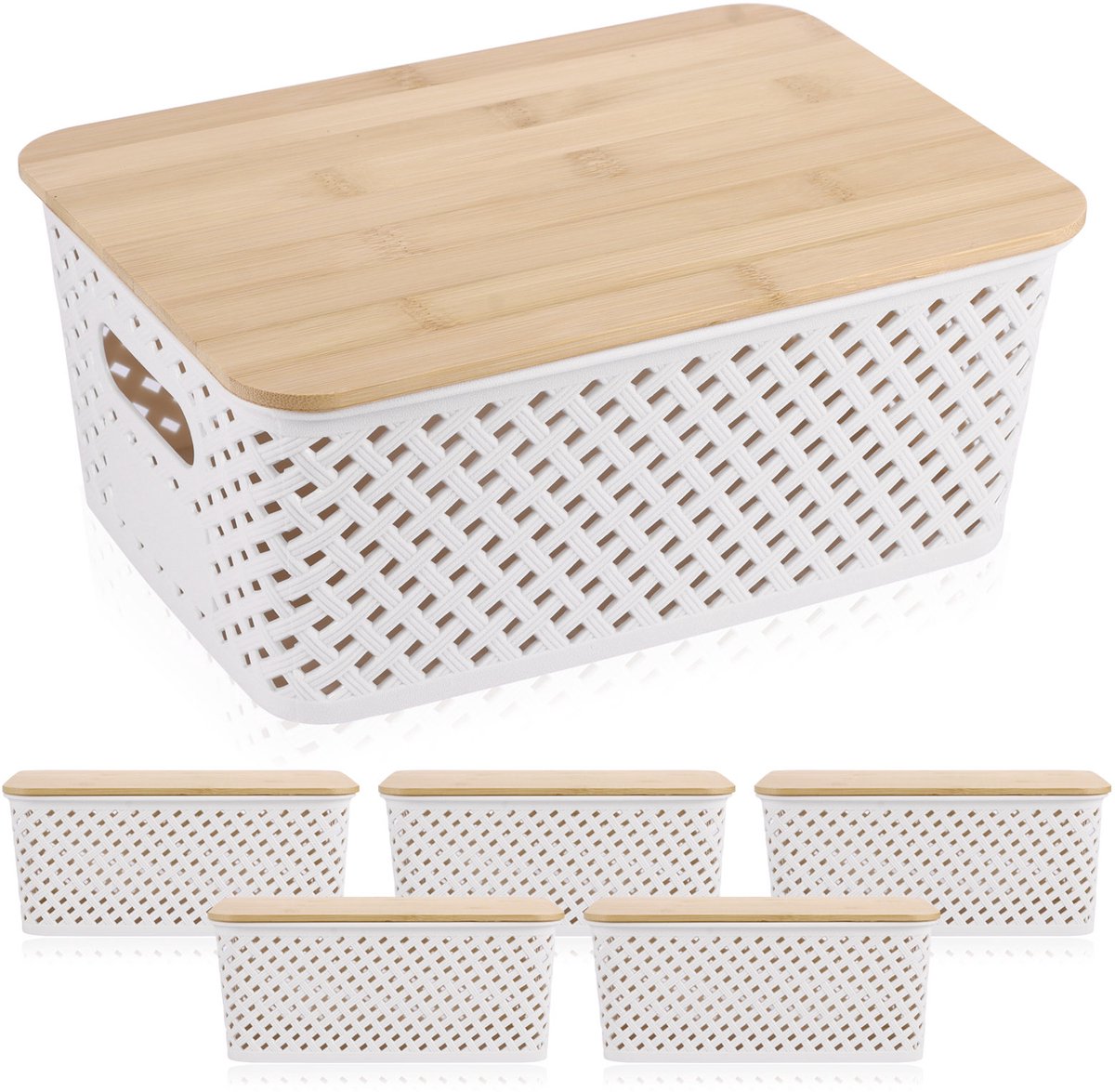 Opbergmand met Deksel 6 Stuks - Kunststof Opbergbox, Vlechtmand en Stapelbare Mand met Bamboe Deksel - 25,5x18,3x10,8 cm - Wit