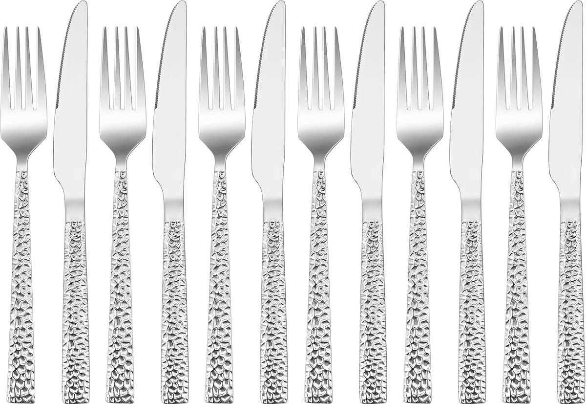 SnelShoppen - Steak Bestek Set 12 Stuks, RVS Tafelmessen en Vorken voor 6 Personen, Snijgereedschap met Hamerhandvat, Geschikt voor Thuis/Feest/Restau
