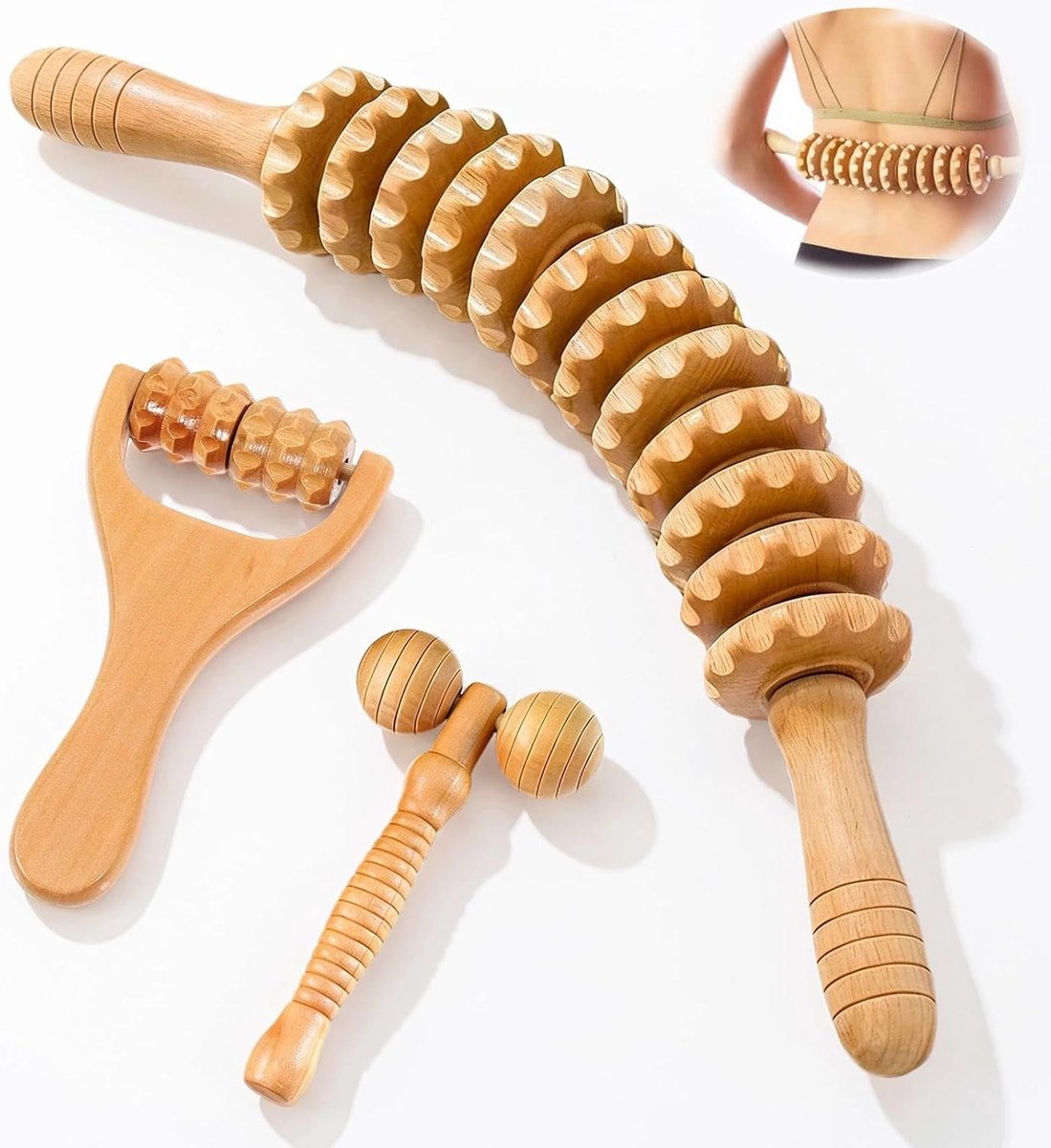 SnelShoppen - Houten Massagerollen Set van 3 Stuks - Therapie Stimulator Roller Accessoires voor Anti Cellulitis en Spierpijn Verlichting - Maderother